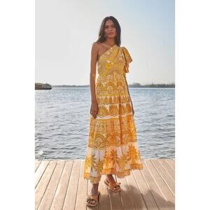 Farm Rio Yellow Ainika Tapestry One Shoulder Maxi Dress
